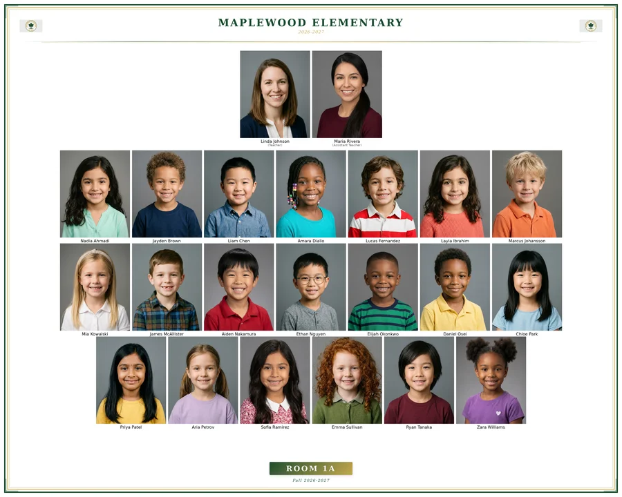 Sample class composite from Maplewood Elementary Room 1A showing 2 teachers and 20 students with consistent head sizes and professional layout